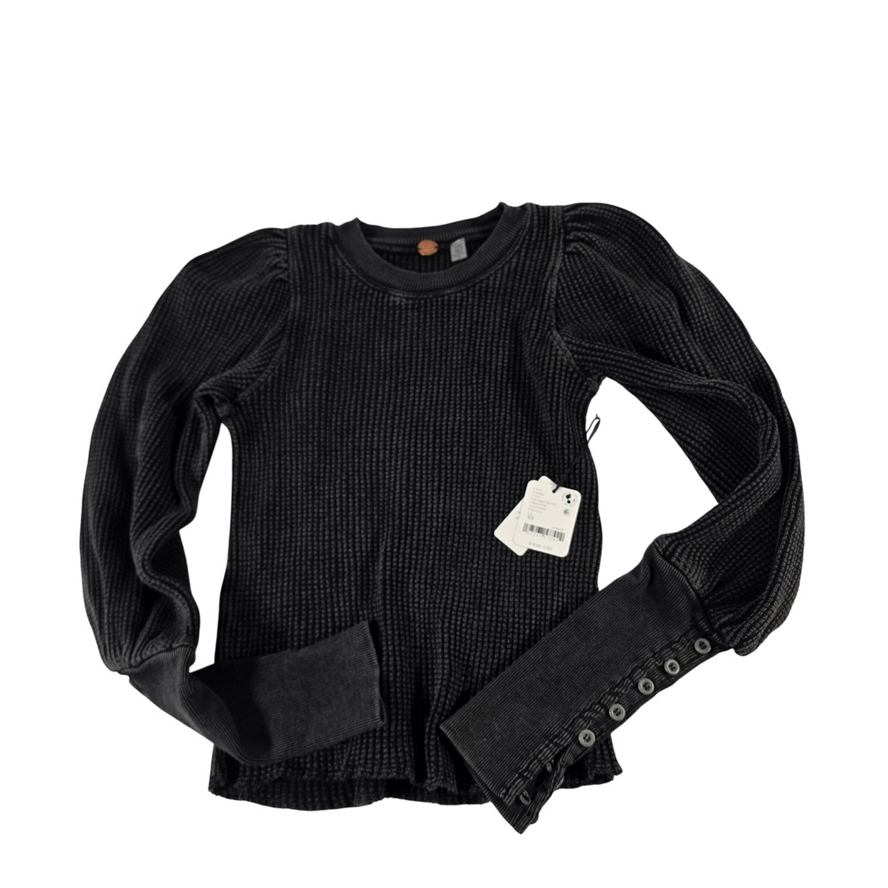Free People FP One Washed Black Waffle Knit Puff Sleeve Thermal Top XS NEW